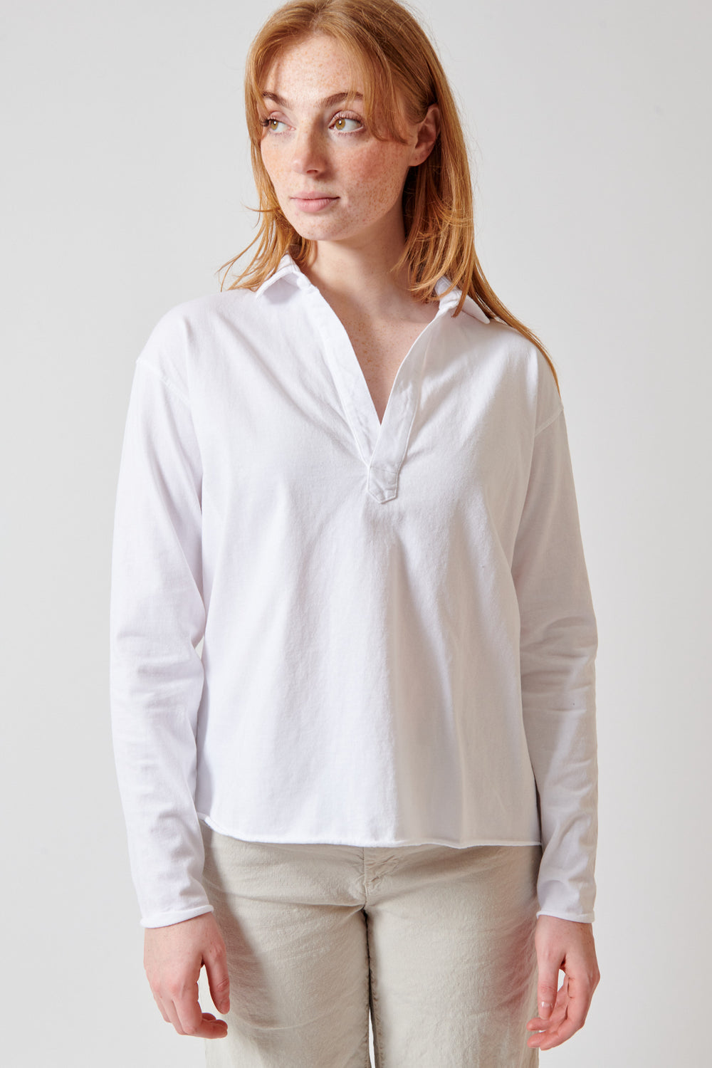 Waverly wearing Frank & Eileen Patrick Popover Henley Top front view