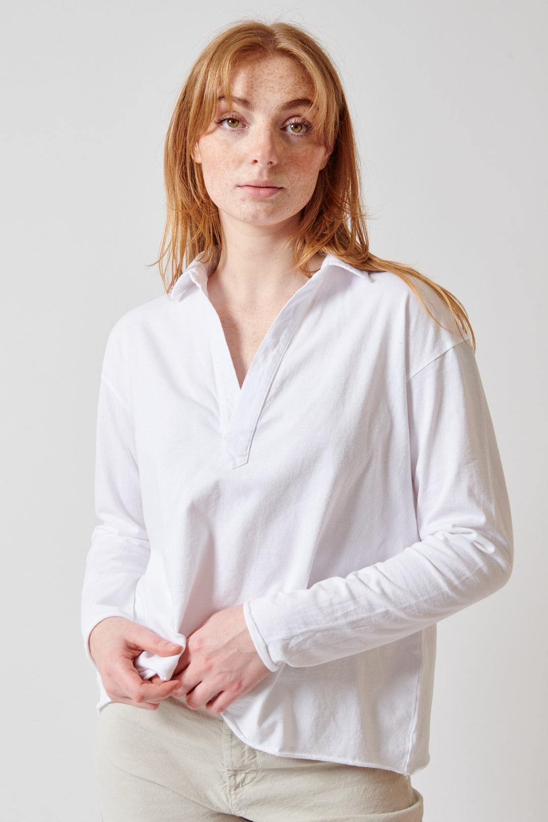 Waverly wearing Frank & Eileen Patrick Popover Henley Top front view