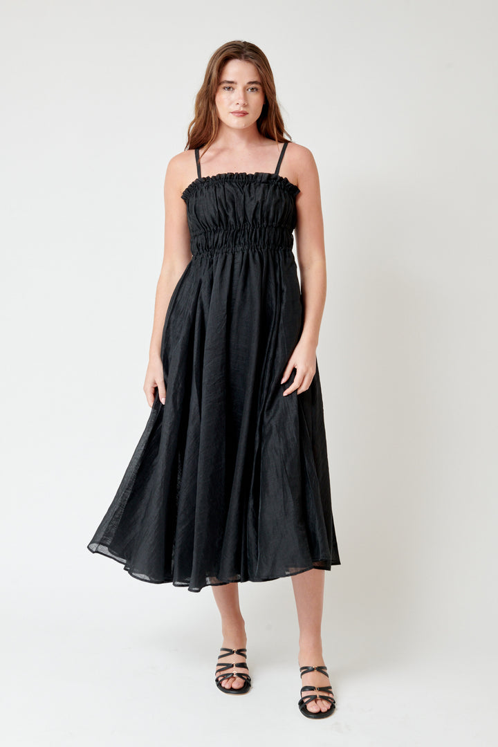 Julia wearing Meimeij Lined Spaghetti Strap Dress With Pockets front view