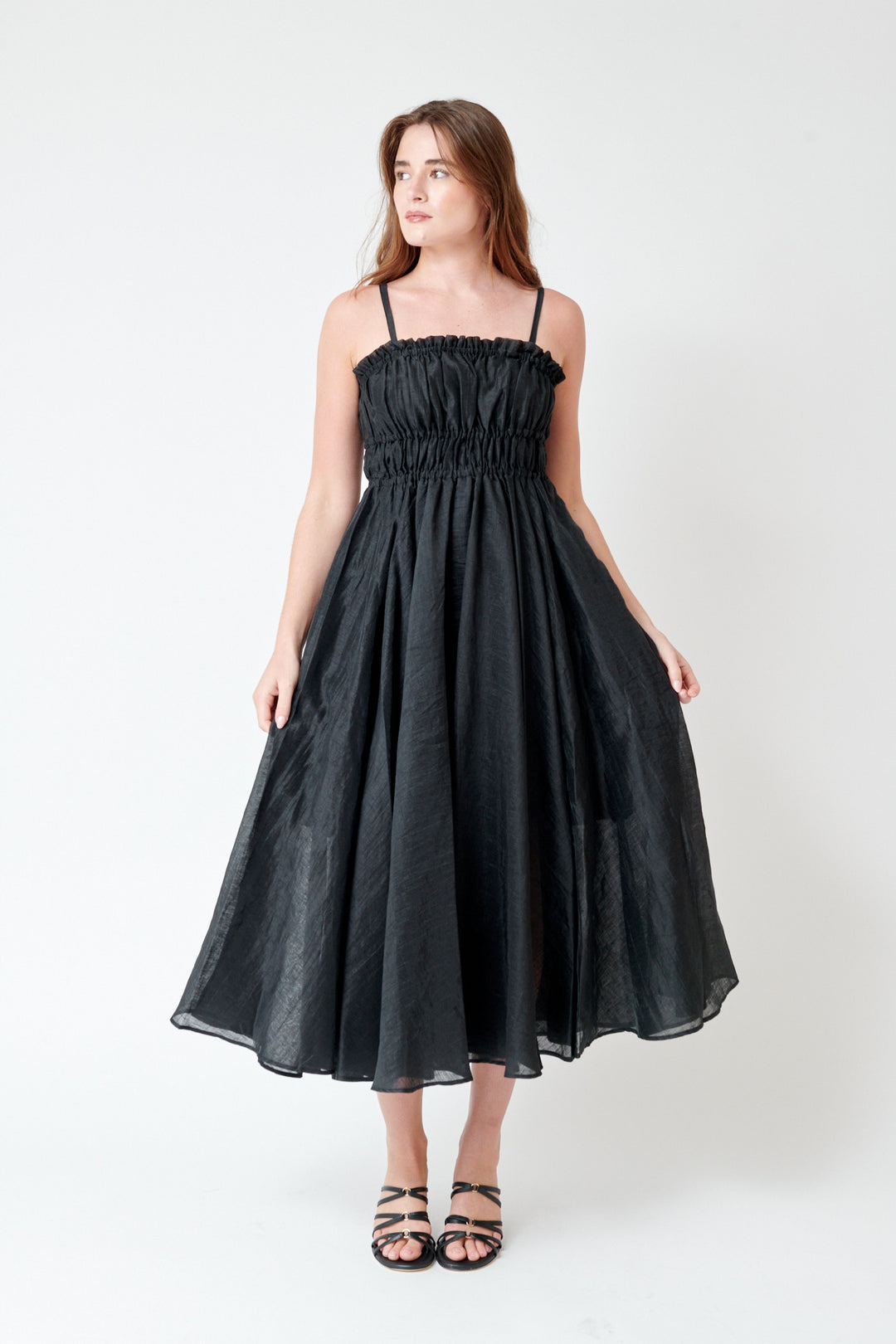 Julia wearing Meimeij Lined Spaghetti Strap Dress With Pockets front view