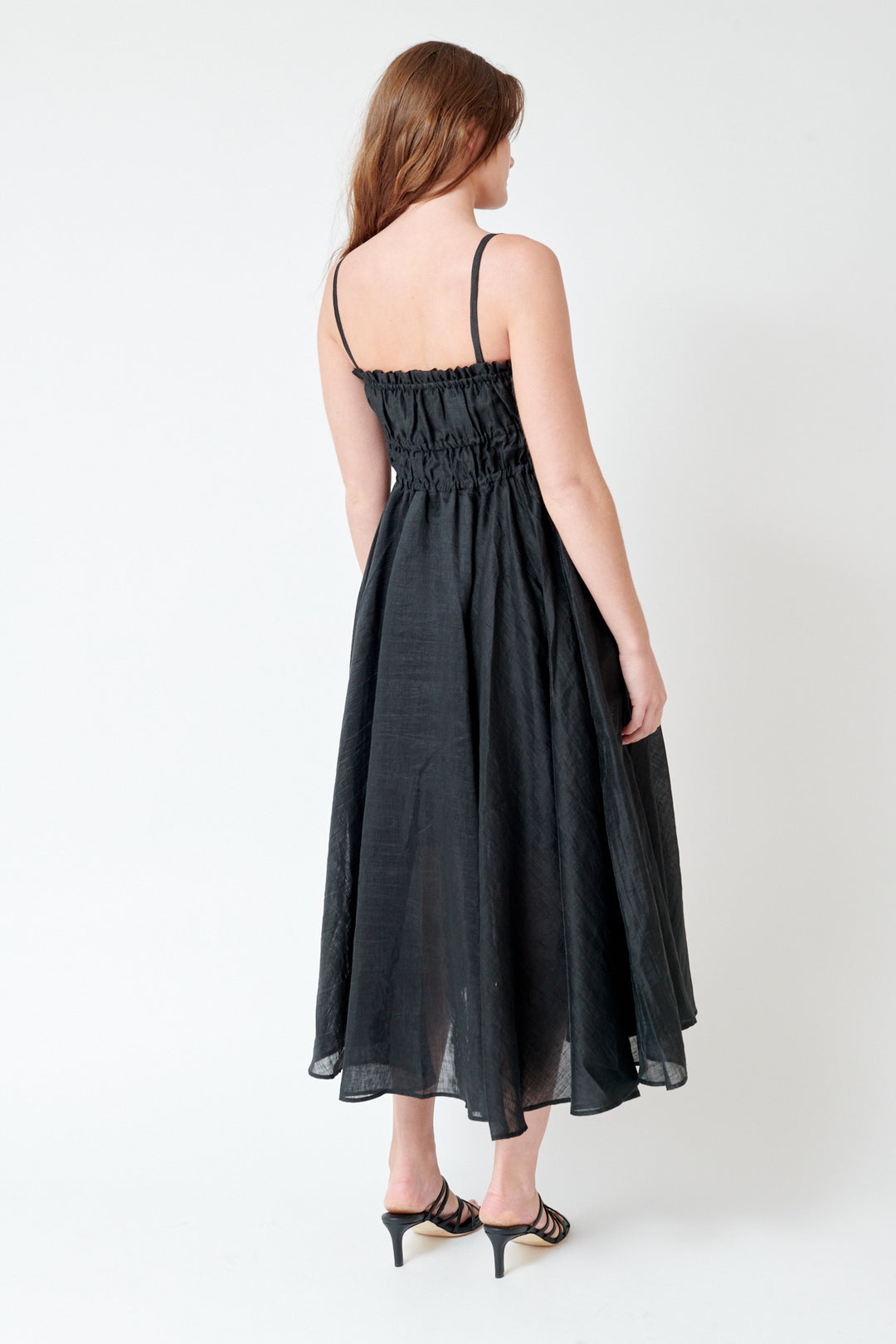 Julia wearing Meimeij Lined Spaghetti Strap Dress With Pockets rear view