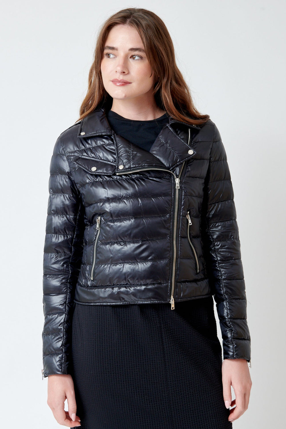 Julia wearing Herno Ultralight HD Nylon Biker Jacket front view