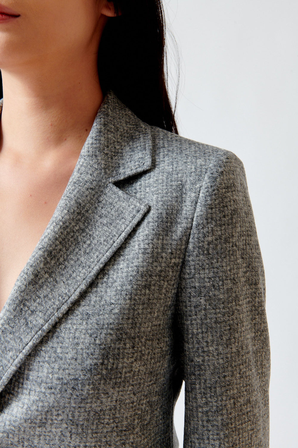 Lilly wearing Seventy Janet One Button Blazer Grey Melange front/detail view