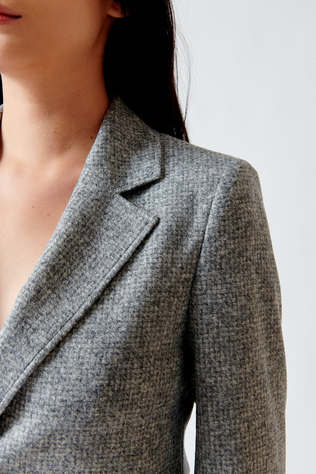 Lilly wearing Seventy Janet One Button Blazer Grey Melange front/detail view