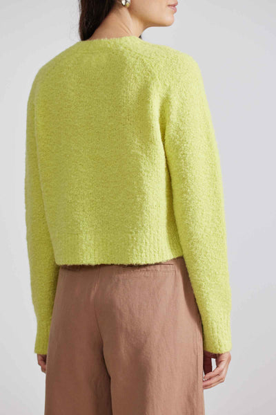 Close-up back view of model wearing citron yellow cropped sweater