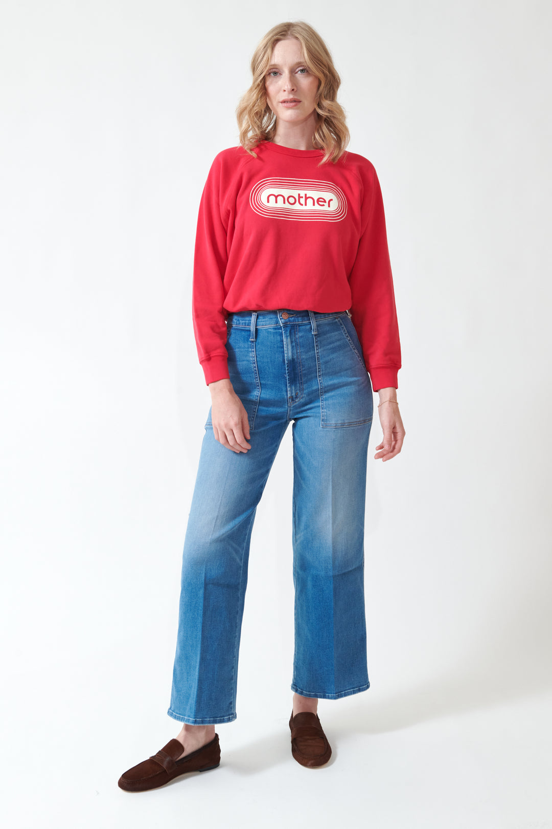 Madi wearing Mother Denim The Stitch Up Maven Flood front view 