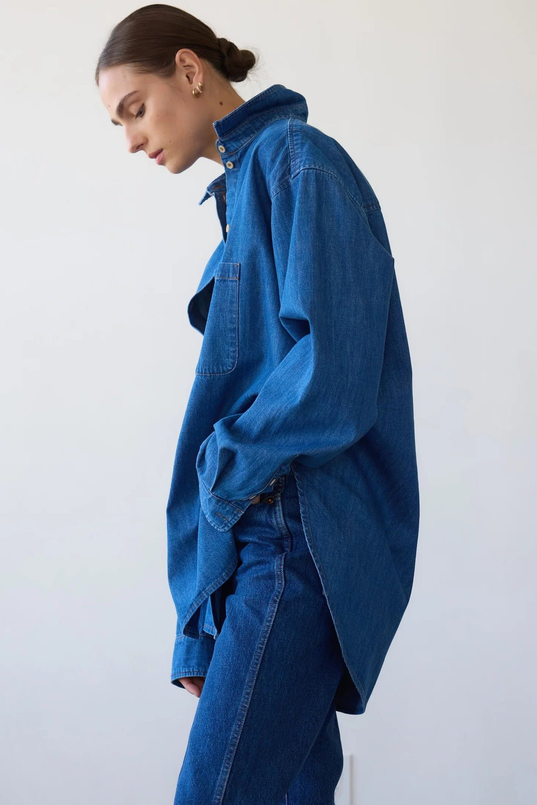 Model wearing Jamie Haller The Essential Shirt side view