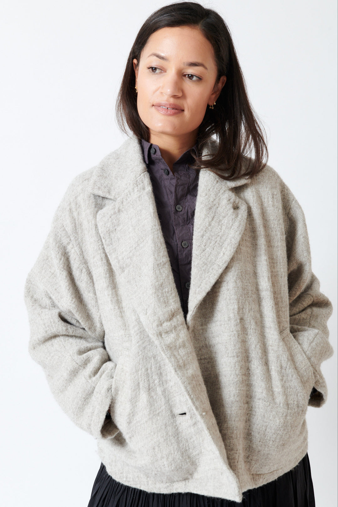 Model wearing Pas de Calais Shetland Wool and Normandy Linen Short Jacket front view