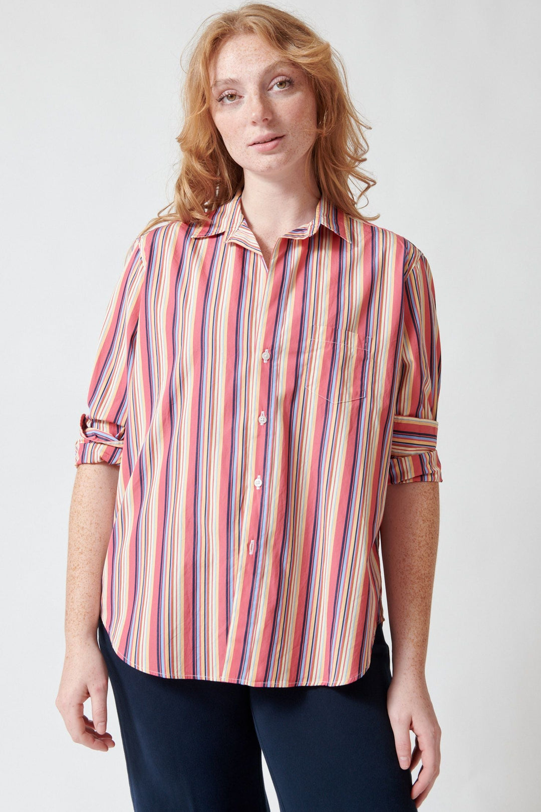 Waverly wearing Frank & Eileen Eileen Relaxed Button Up Shirt Pink Yellow Blue Stripe front view