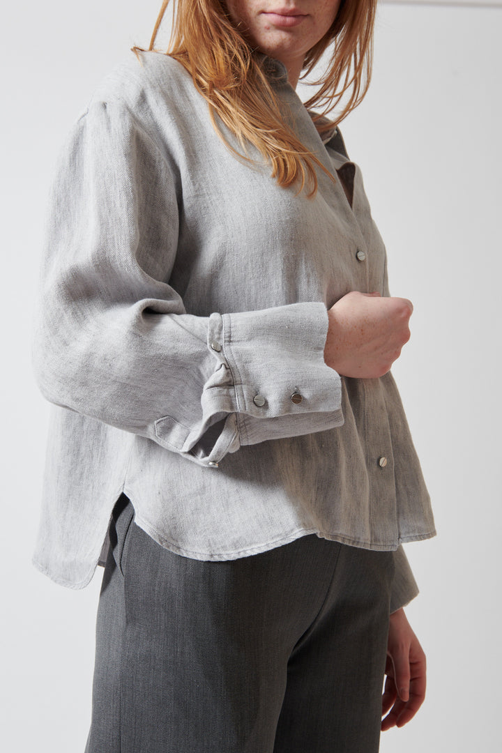 Waverly wearing TWP JD Shirt front/detail view