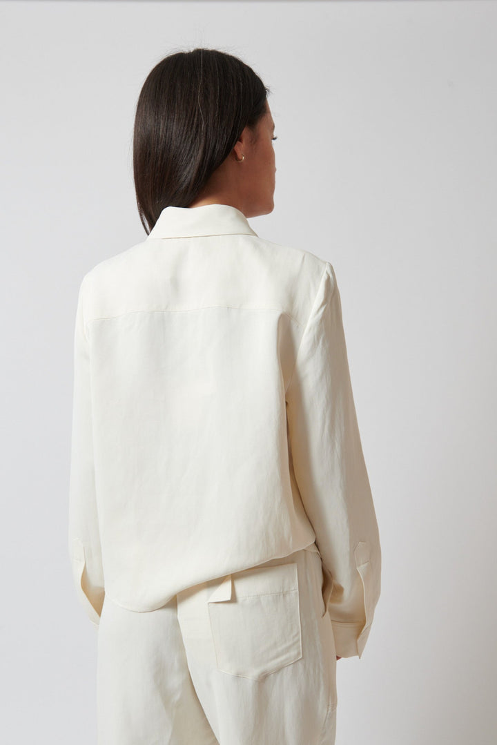 Amanda wearing TWP Button Me Up Blouse rear view