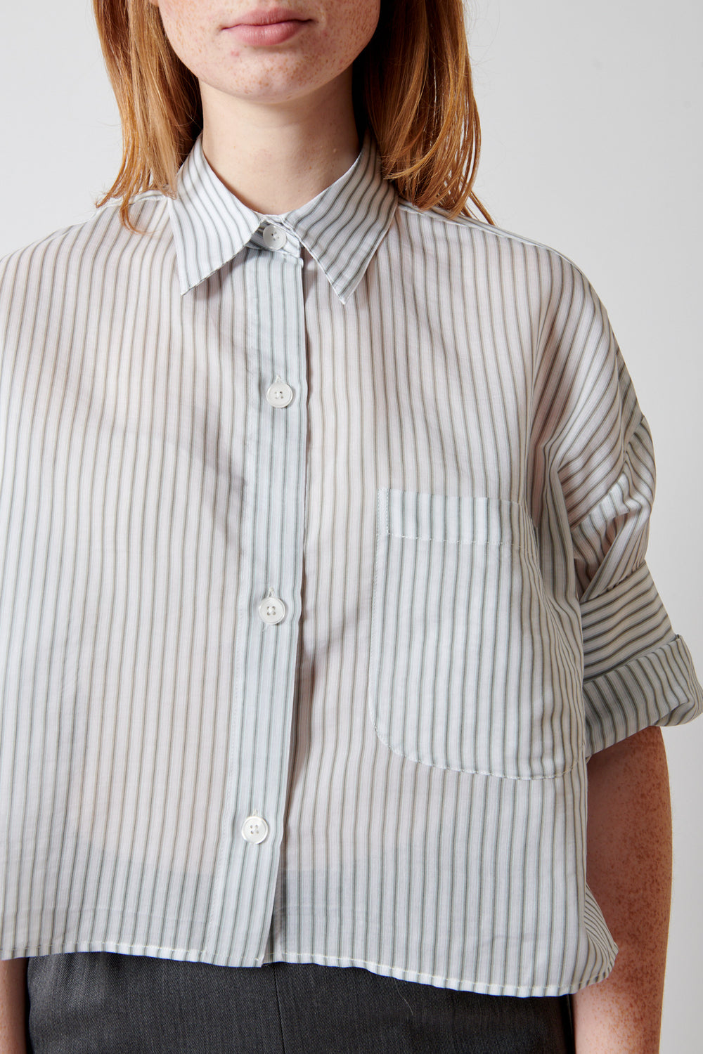 Waverly wearing TWP Next Ex Shirt front view