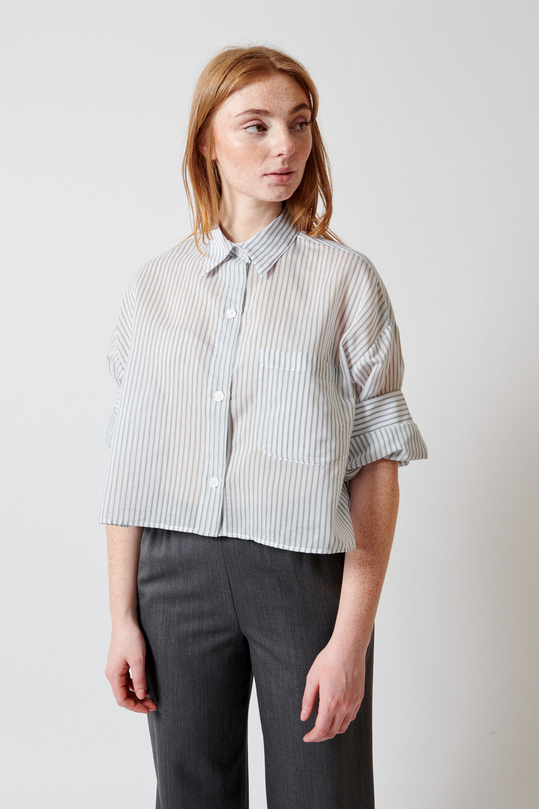 Waverly wearing TWP Next Ex Shirt front view