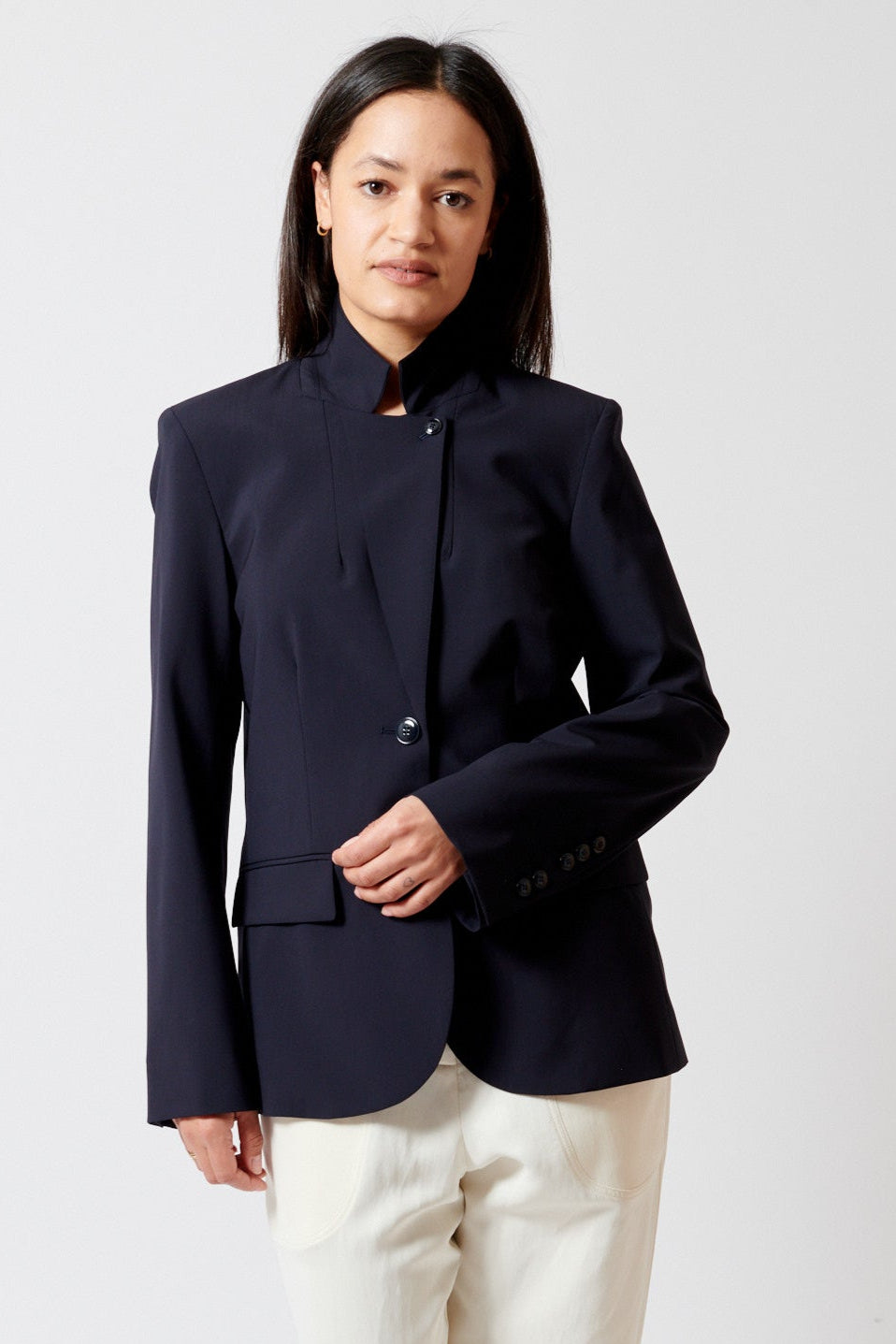 Amanda wearing TWP Supper Jacket front view