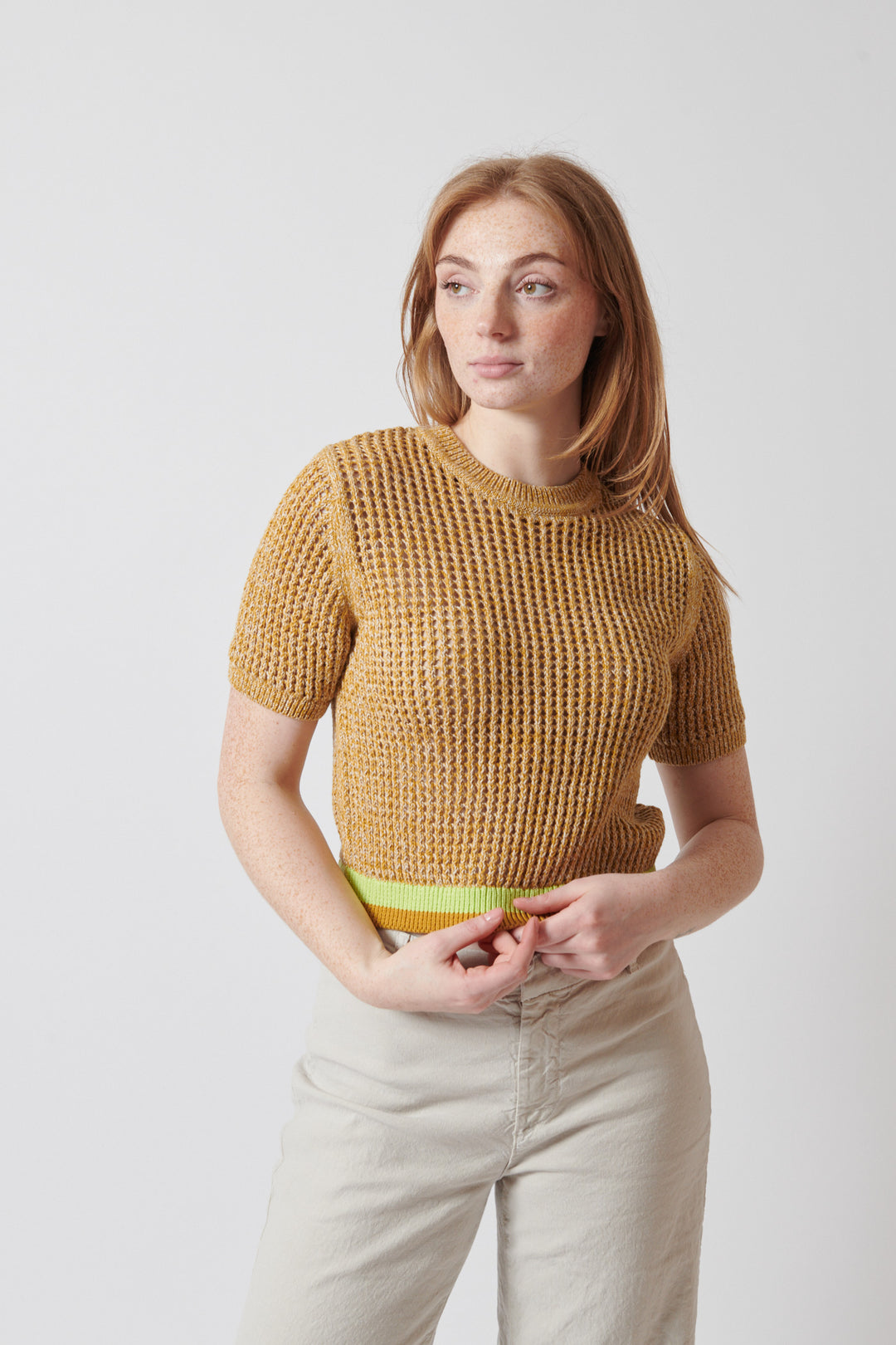Waverly wearing White + Warren Organic Cotton Mesh TShirt front view