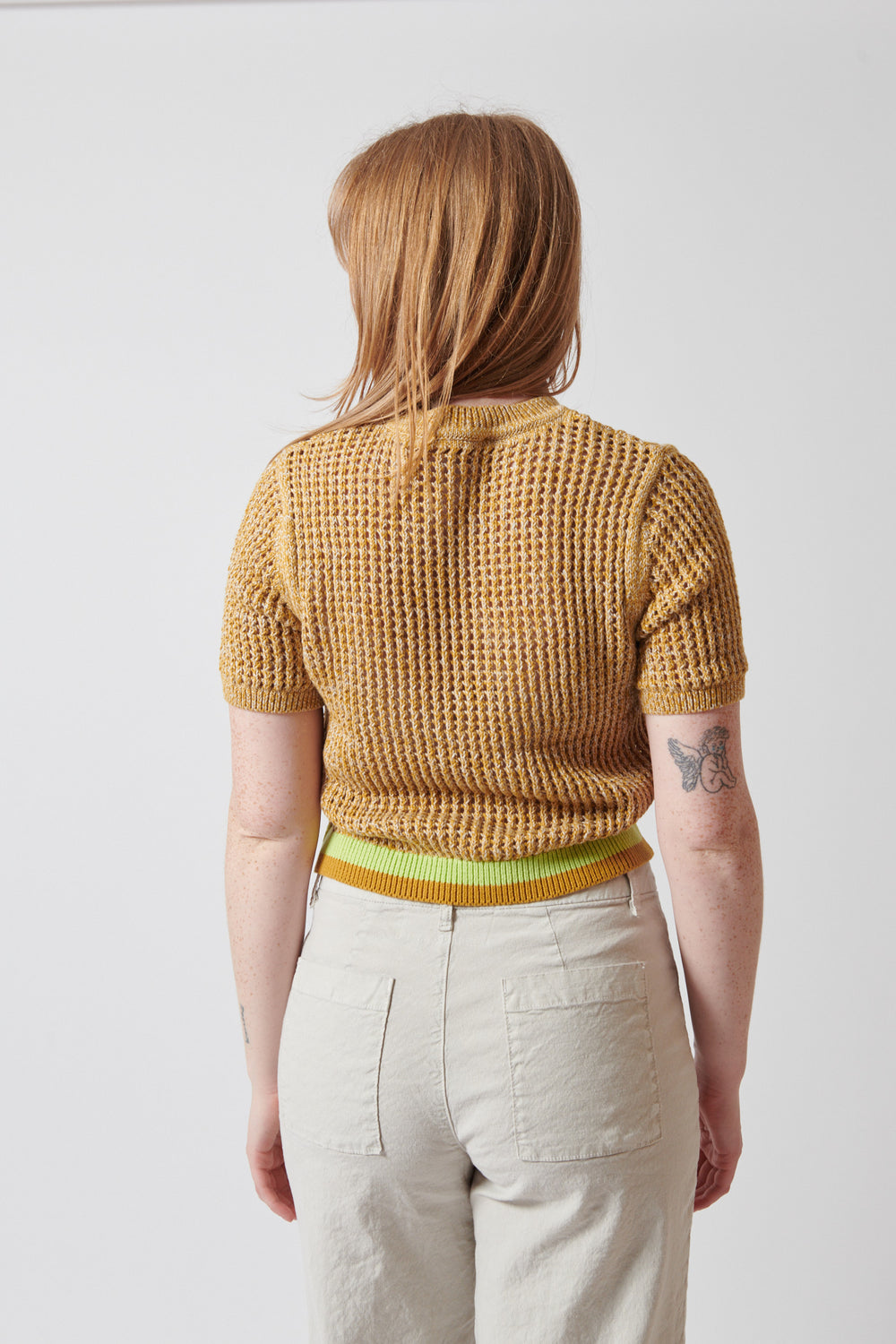 Waverly wearing White + Warren Organic Cotton Mesh TShirt rear view
