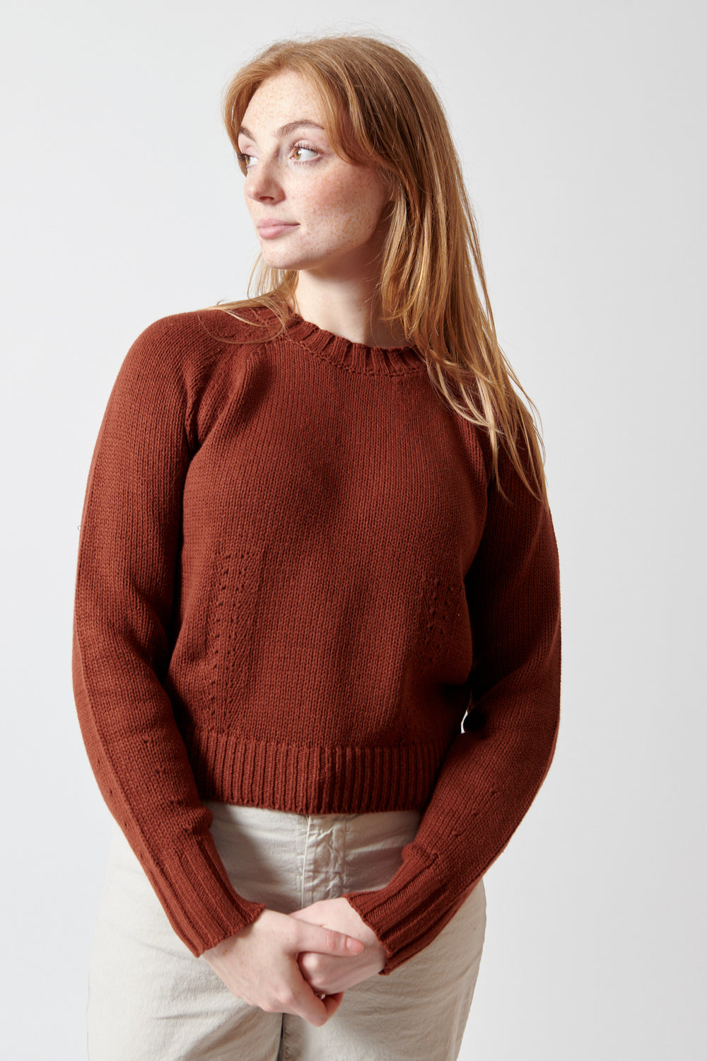 Waverly wearing White + Warren Cotton Blend Beachy Crew front view