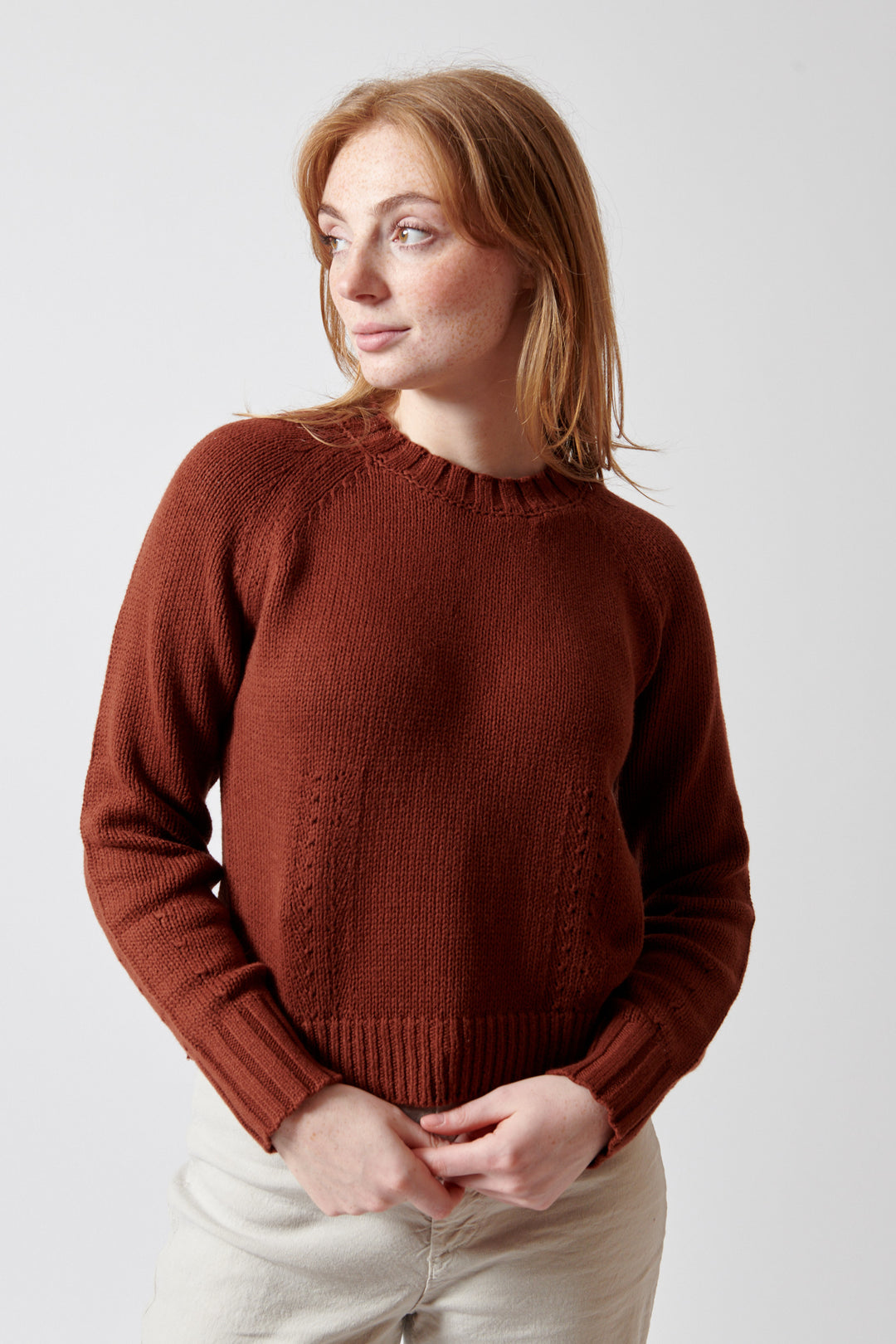 Waverly wearing White + Warren Cotton Blend Beachy Crew front view