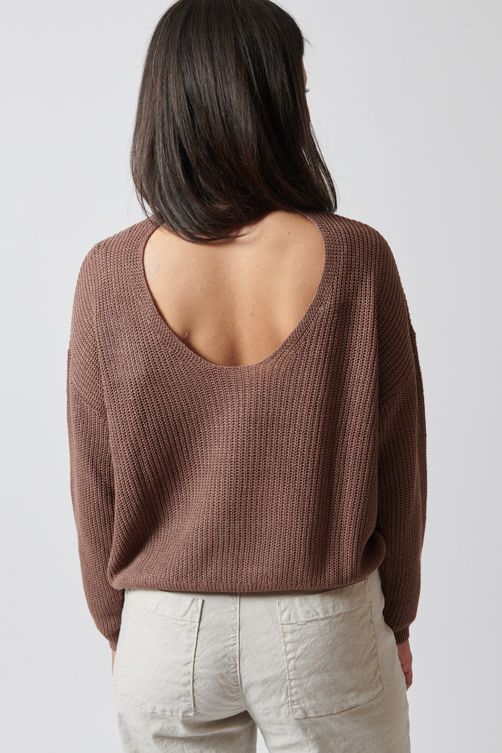 Amanda wearing White + Warren English Rib Crew Neck rear view