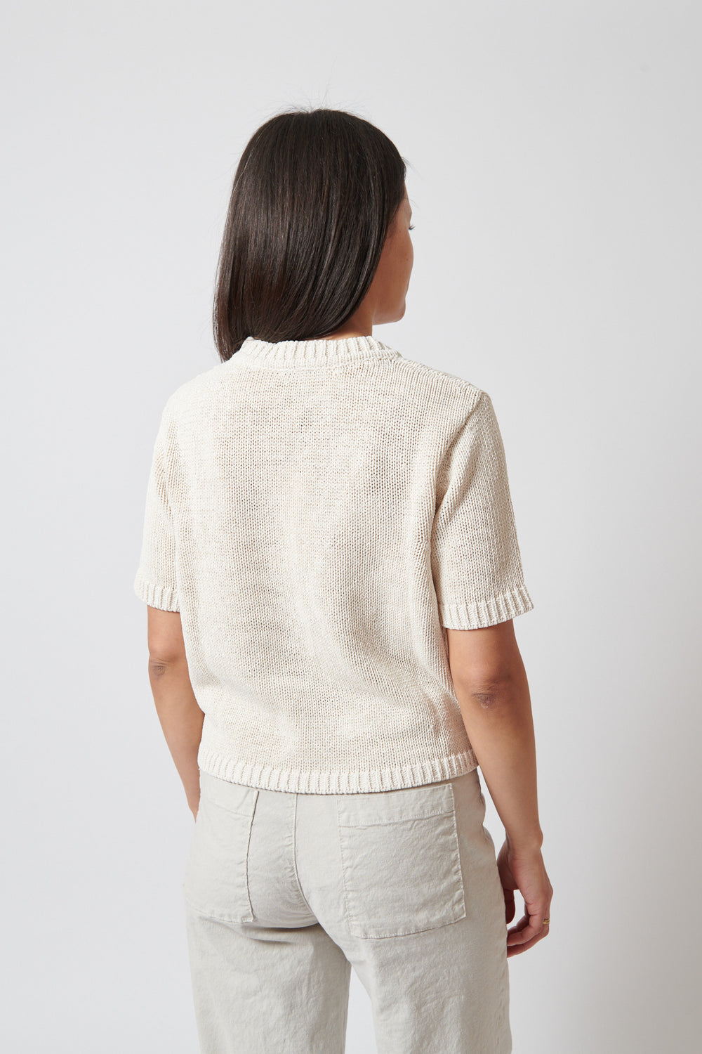 Amanda wearing White + Warren Organic Cotton Tape TShirt rear view