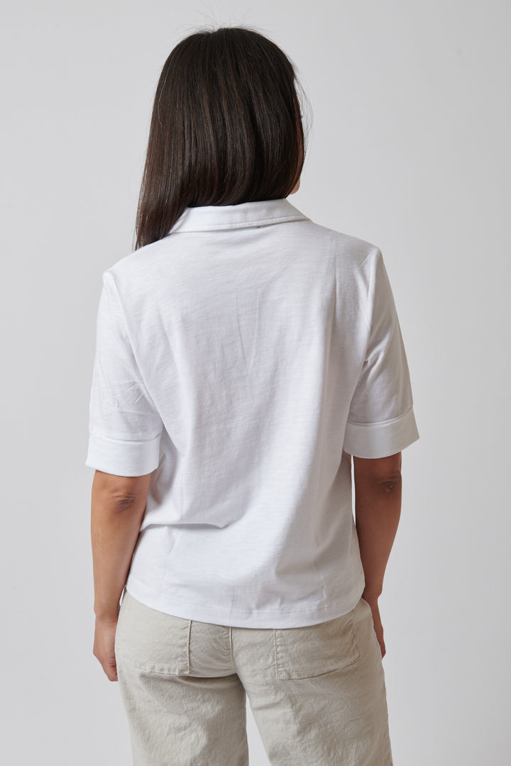 Amanda wearing Lilla P Elbow Sleeve Collared Tee rear view