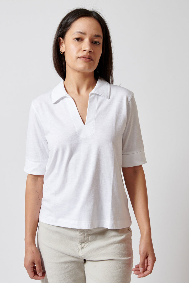 Amanda wearing Lilla P Elbow Sleeve Collared Tee front view