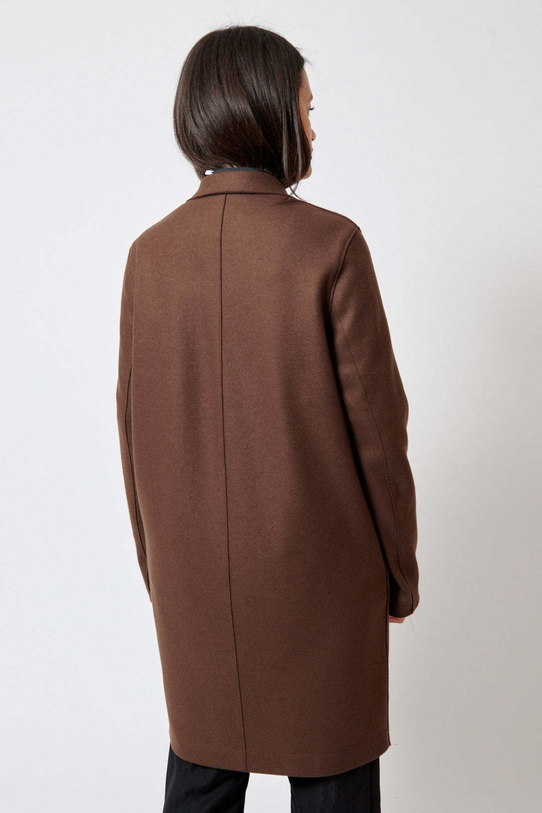 Amanda wearing Harris Wharf Cashmere Blend Cocoon Coat rear view