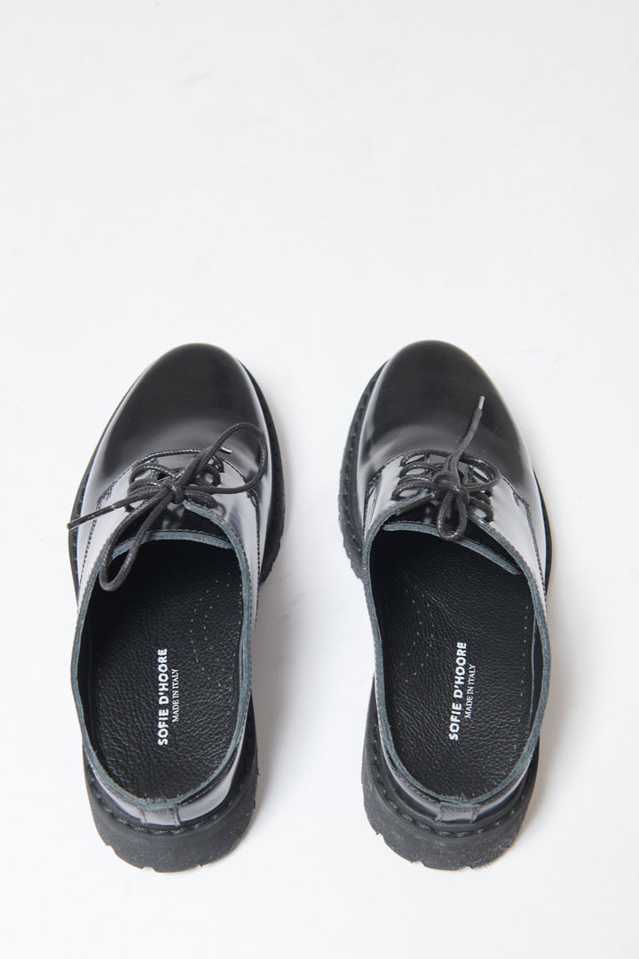 Flat lay of Sofie D'Hoore Fay Brushed Glossy Leather Derby Mule rear view