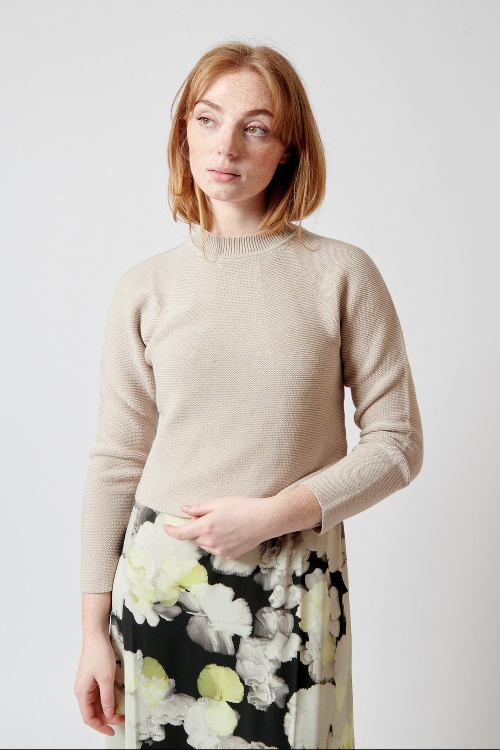 Waverly wearing Christian Wijnants Karika Wholegarment Knitted Sweater With Crewneck front view