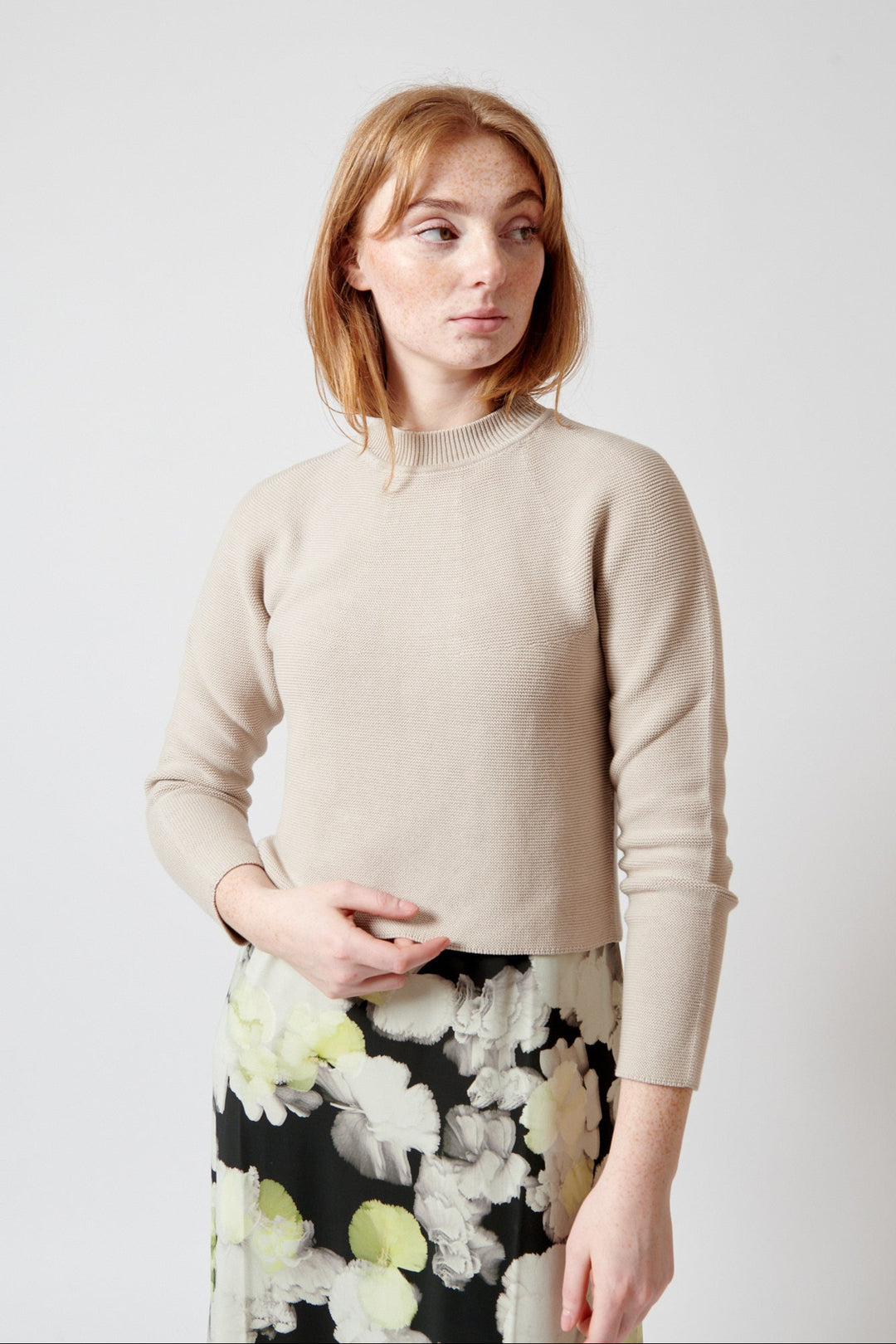 Waverly wearing Christian Wijnants Karika Wholegarment Knitted Sweater With Crewneck front view