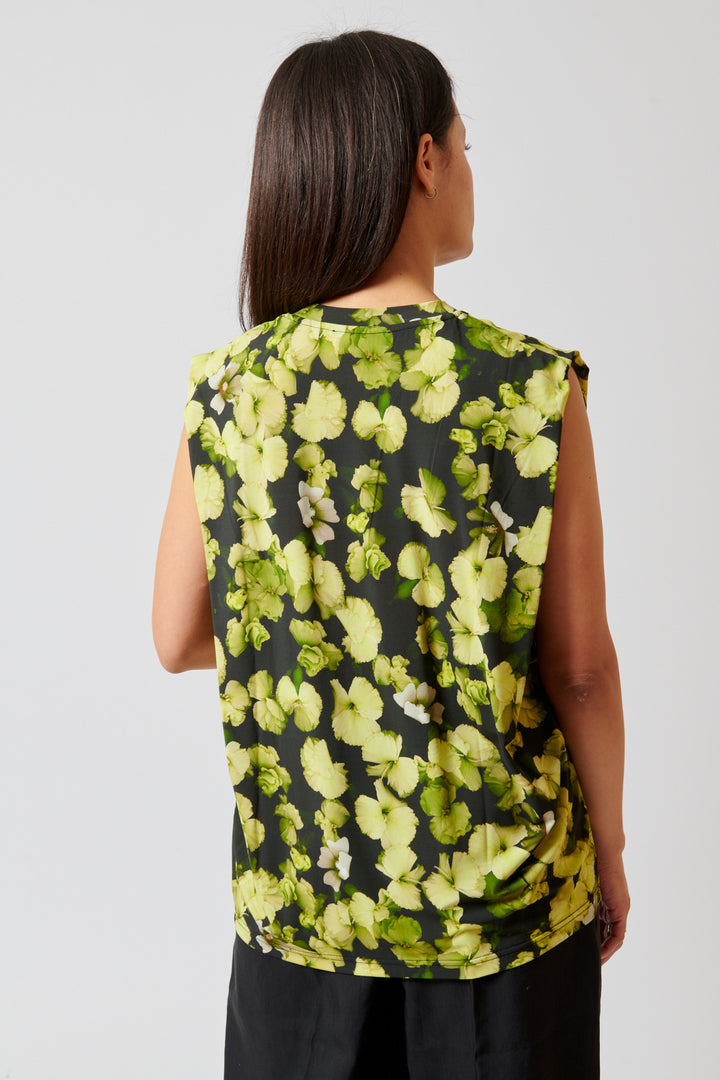 Amanda wearing Christian Wijnants Tabansir Sleeveless Jersey Shoulder Pleat Top rear view