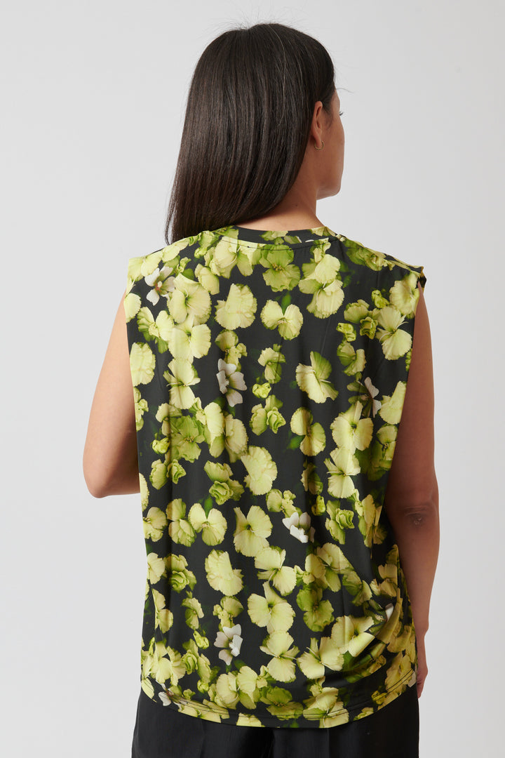 Amanda wearing Christian Wijnants Tabansir Sleeveless Jersey Shoulder Pleat Top rear view