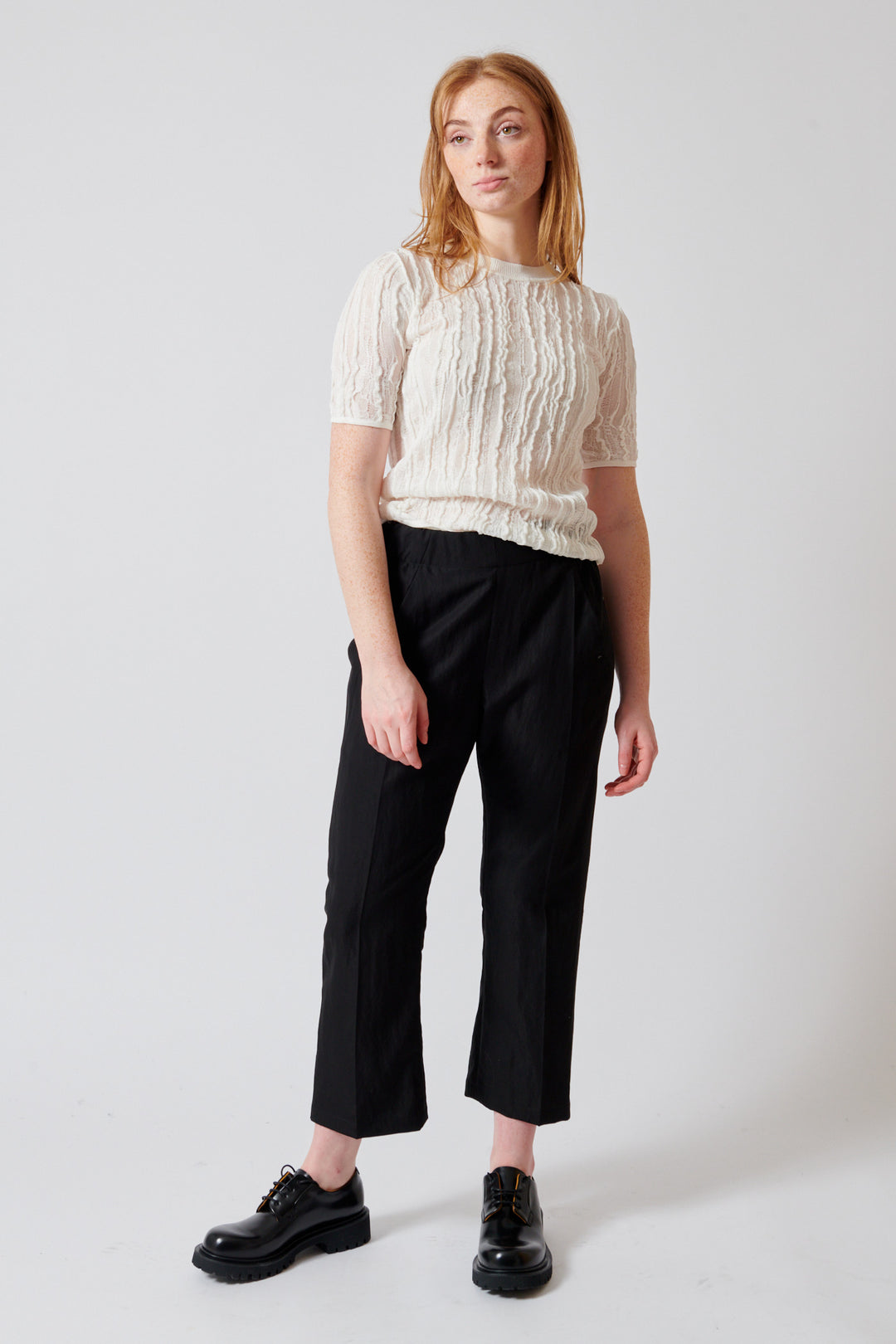 Waverly wearing Zero + Maria Cornejo Eko Para Drape Pant front view