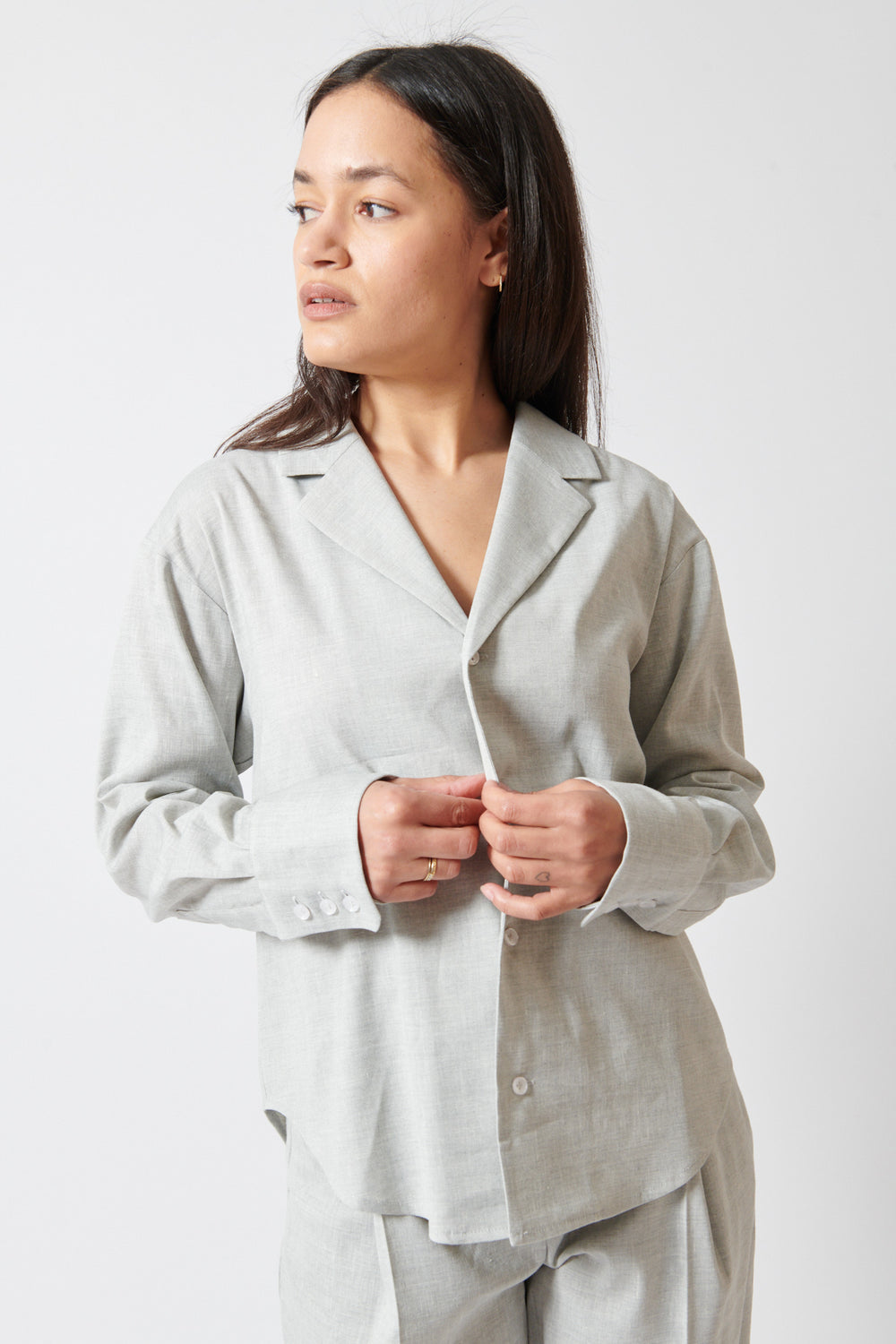 Amanda wearing The Garment Gabriel Shirt front view