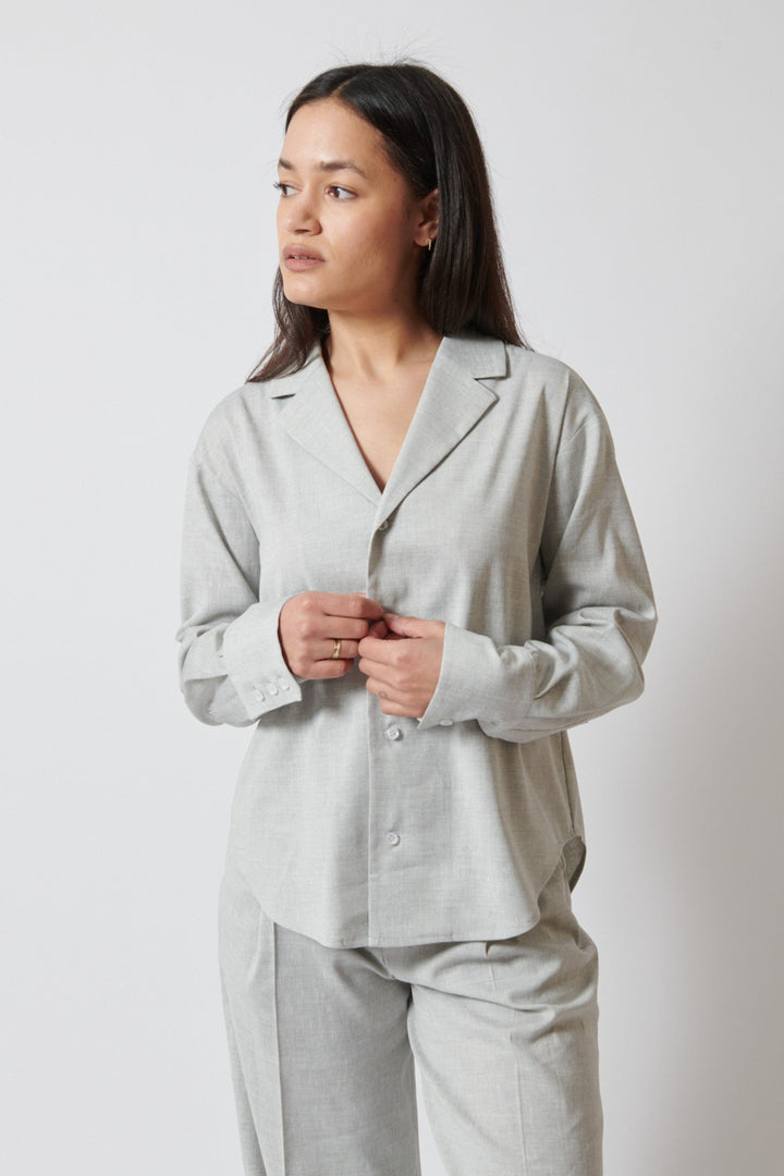 Amanda wearing The Garment Gabriel Shirt front view