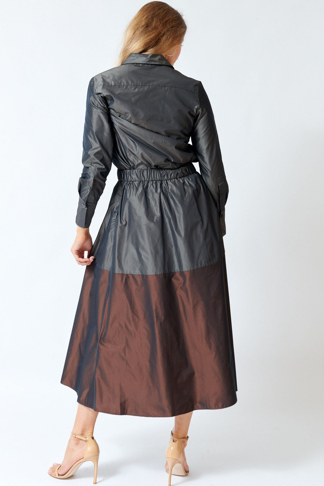Mari wearing Rosso 35 Poly Taffeta Pam Skirt rear view