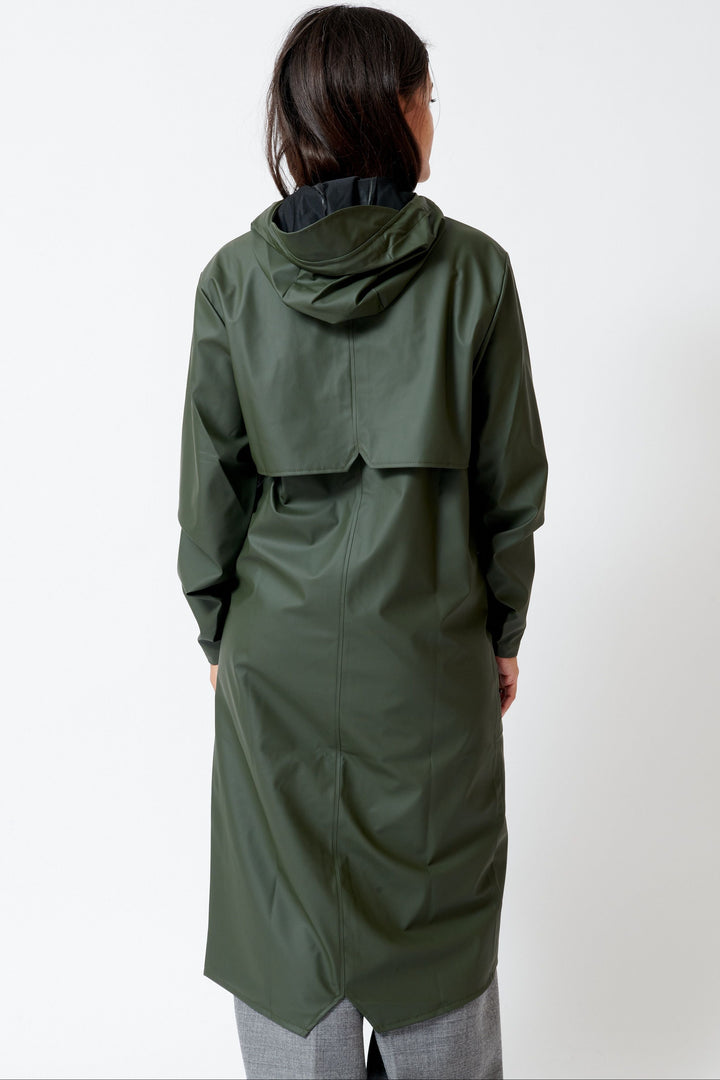Model wearing Rains Longer Jacket W3 rear view