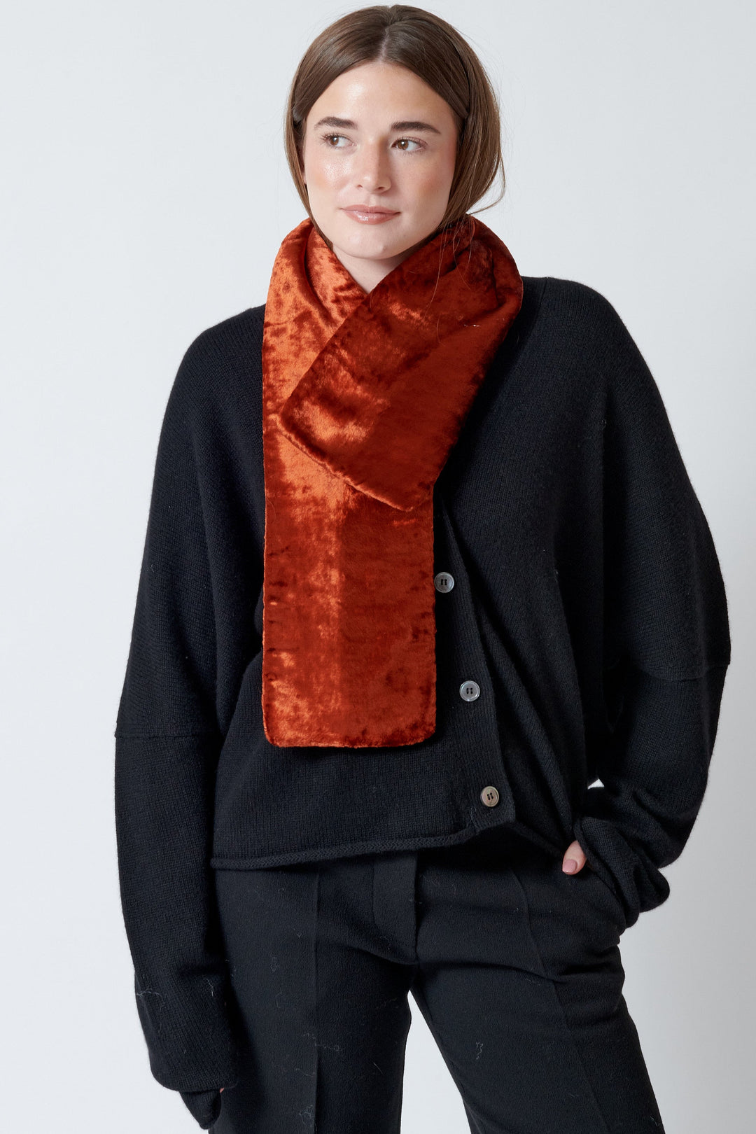 Model wearing 6397 Marker Scarf front view