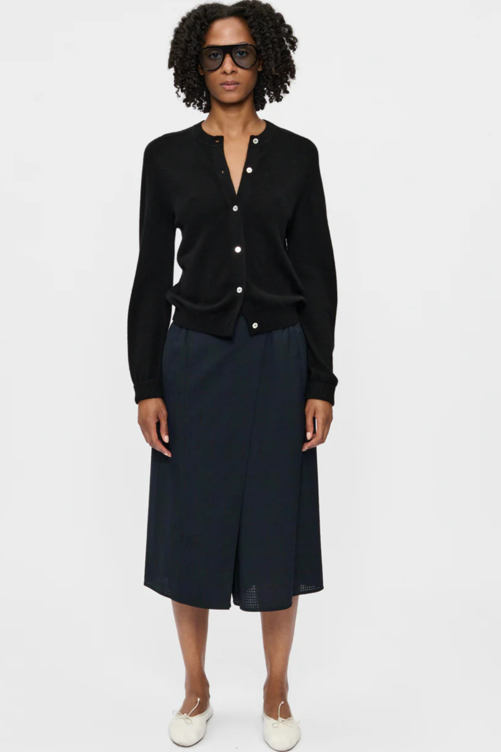 Model wearing 6397 Wrap Short Navy Tartan front view 