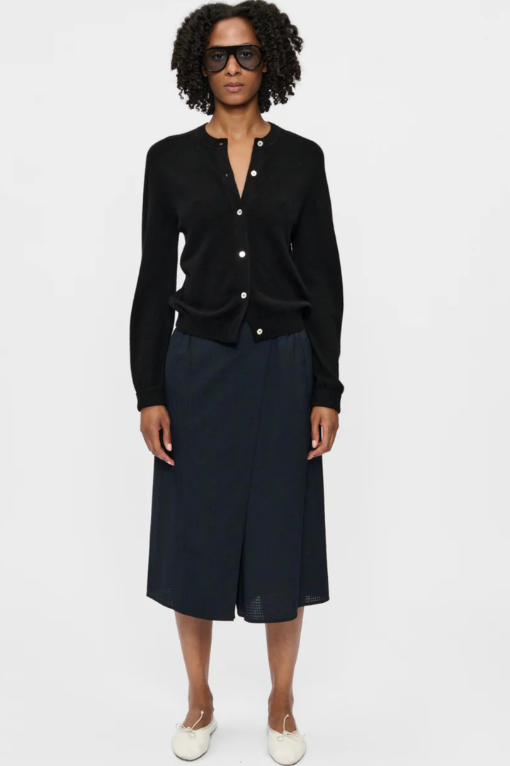 Model wearing 6397 Wrap Short Navy Tartan front view 