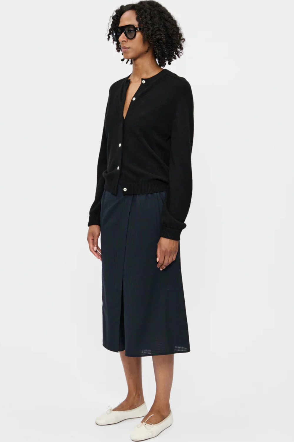 Model wearing 6397 Wrap Short Navy Tartan front/side view 