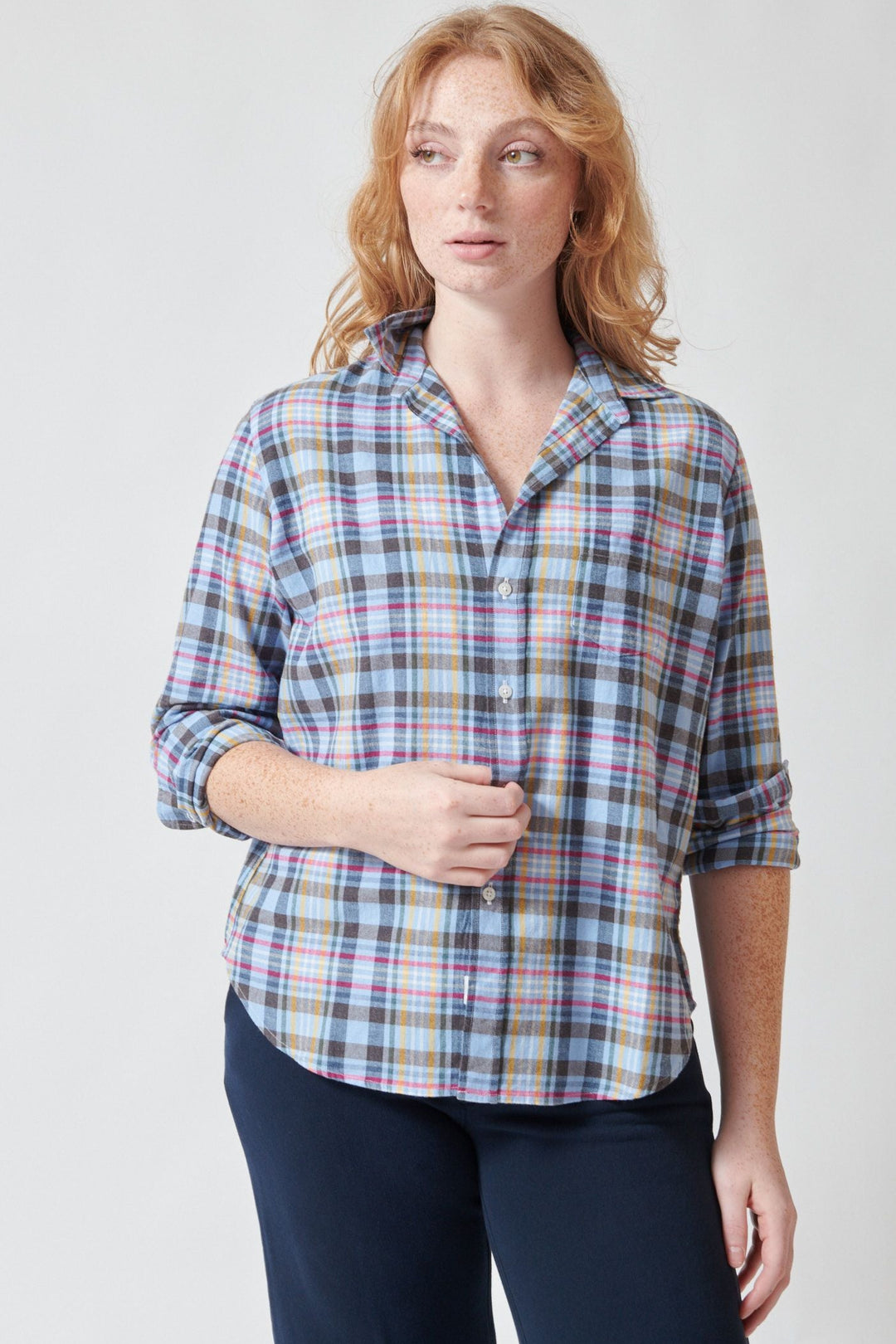 Waverly wearing Frank & Eileen Eileen Relaxed Button Up Shirt front view