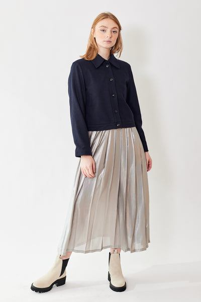 Front of Seventy Georgette Laminate Pleated Skirt on a model