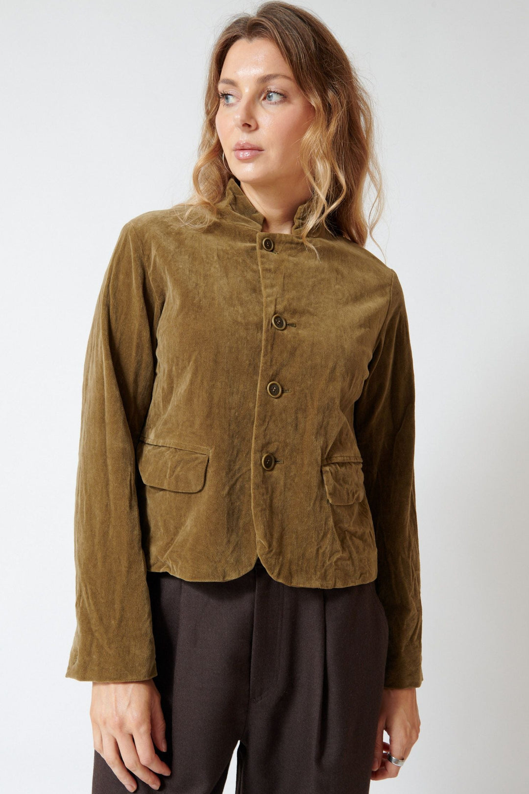 Mari wearing Pas de Calais Brushed Cotton Tailored Jacket Khaki front view