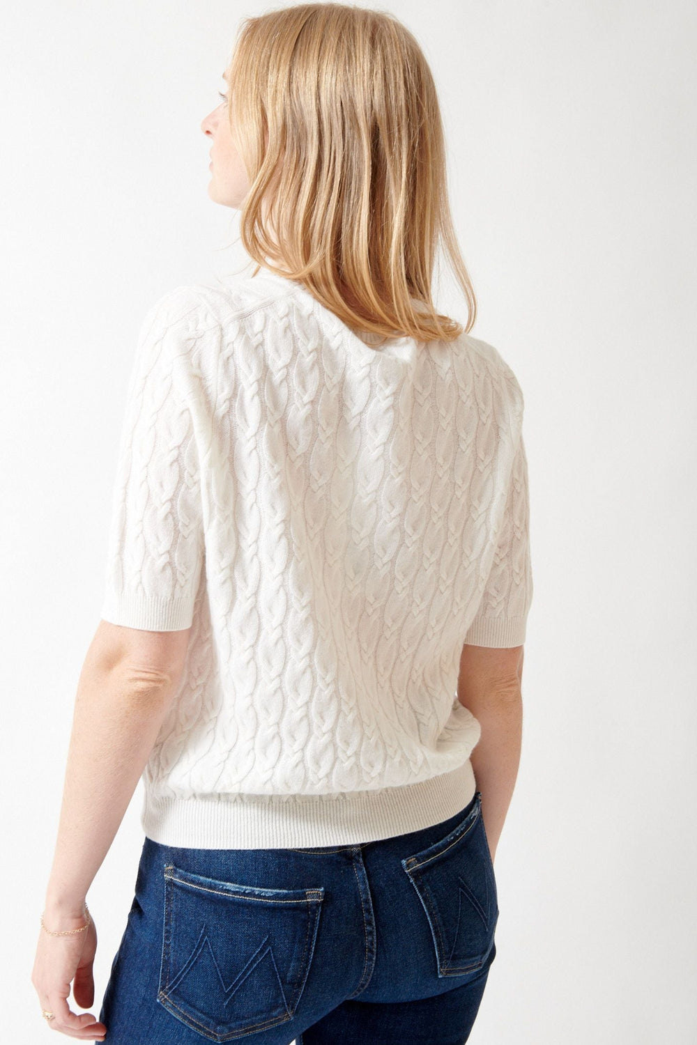 Madi wearing Allude Half Sleeve Dierdre Sweater rear view