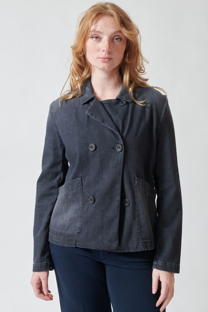 Waverly wearing Frank & Eileen Mini Belfast Cropped English Peacoat 1981 Wash front view