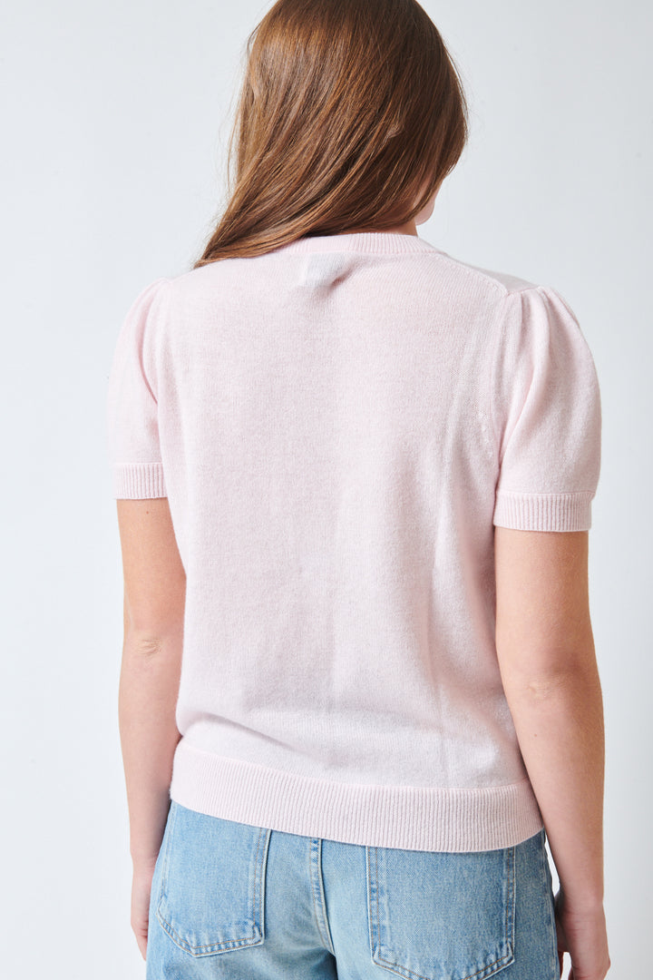 Julia wearing Allude Cashmere Quarter Sleeve Button Down Cardigan Rose Fondant rear view