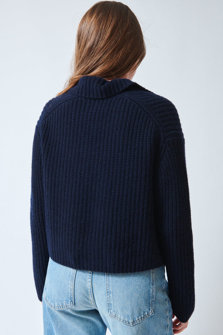 Julia wearing Allude Touch On Cotton Cashmere DB Cardigan Deep Night rear view