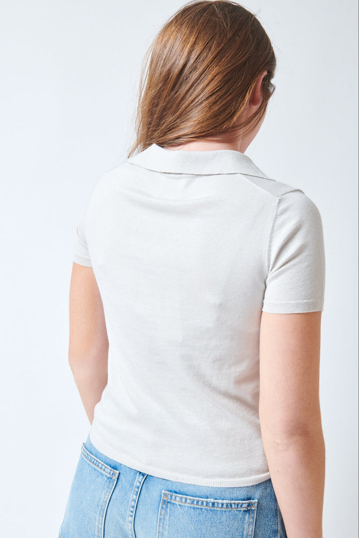 Julia wearing Allude Touch On Quarter Sleeve Polo Collar Sweater Moonlight rear view