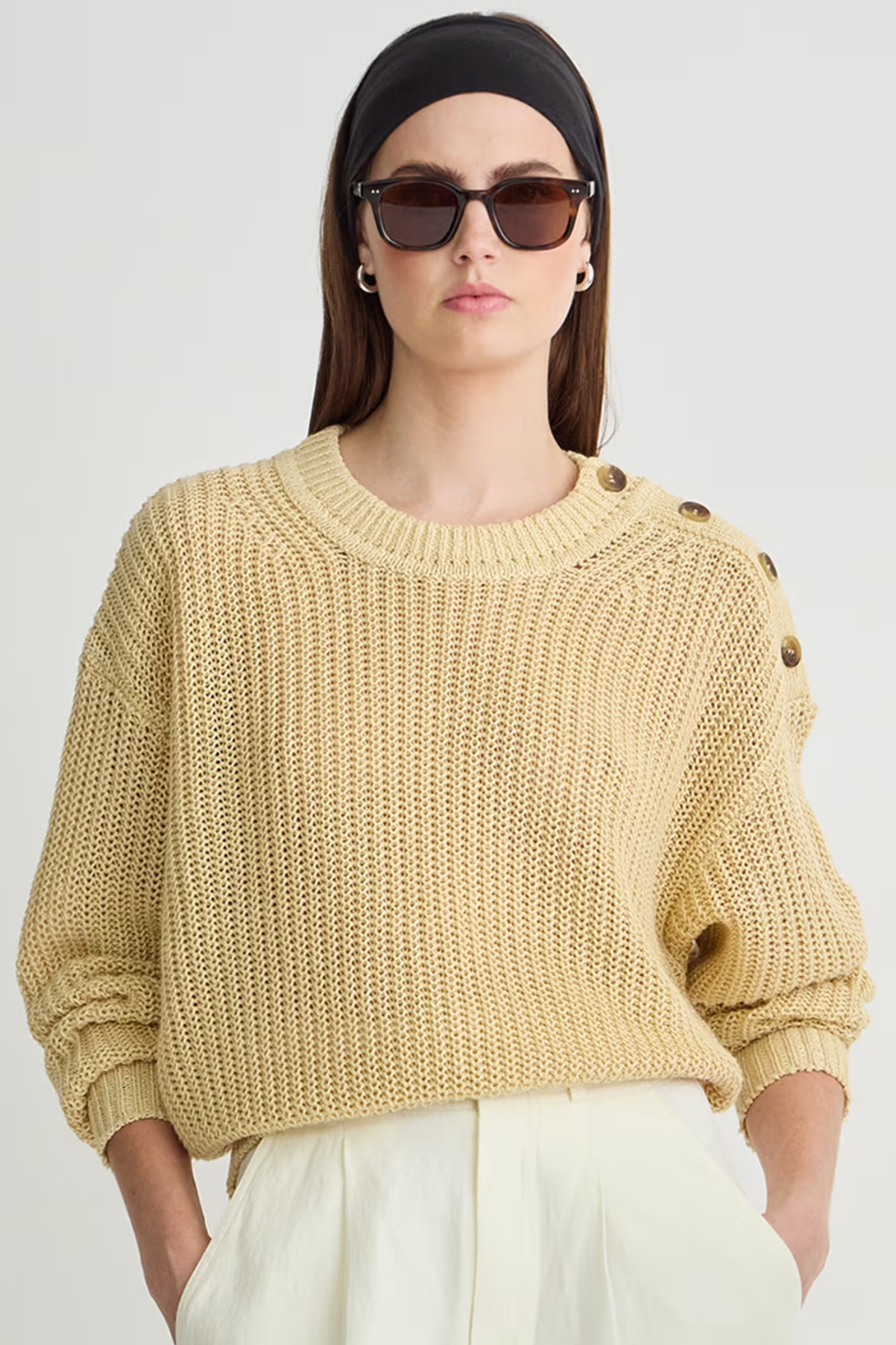 Model wearing Apiece Apart Weekend Crew front view